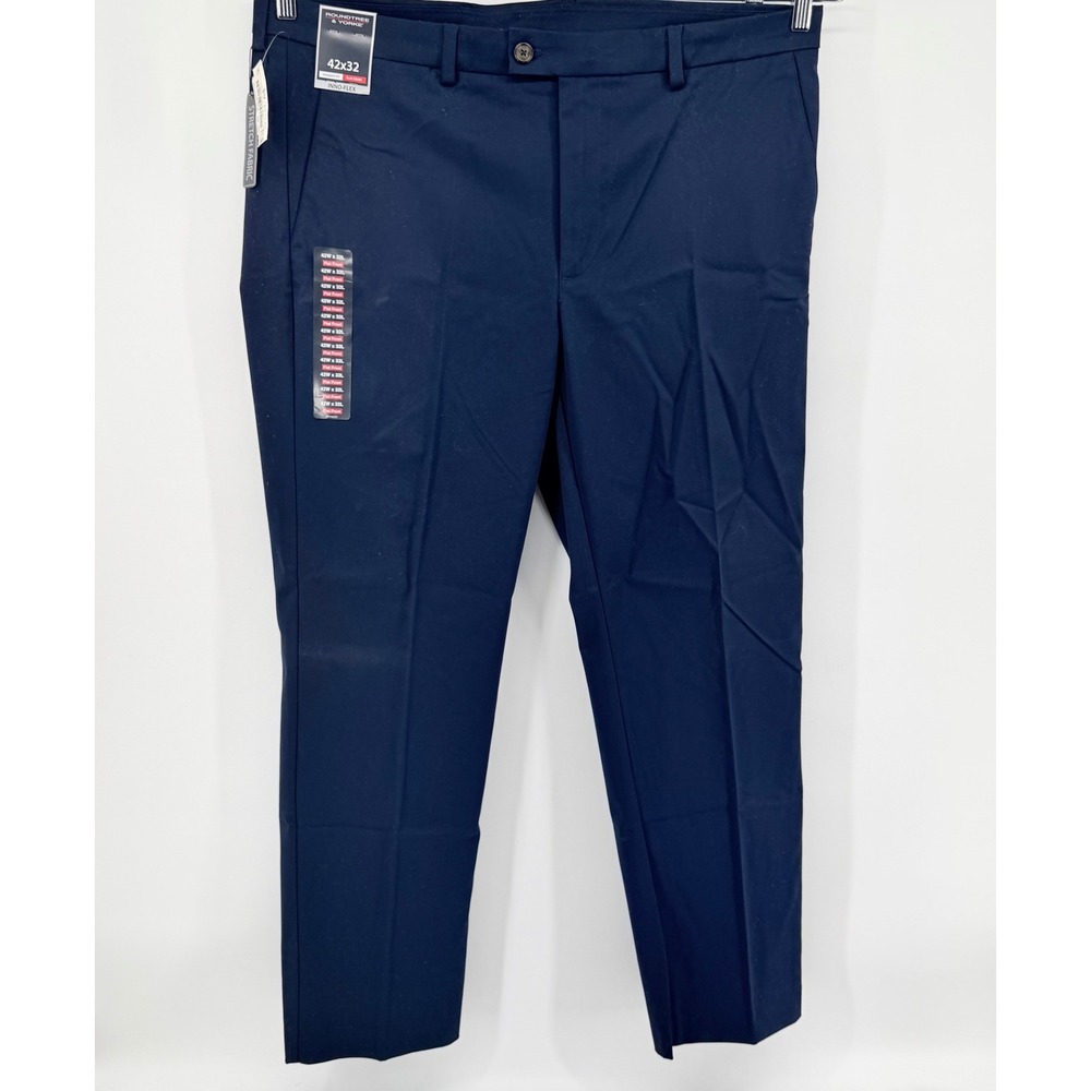 Roundtree & Yorke Pants Mens 42x32 Navy Blue Inno-Flex Straight Flat Front New